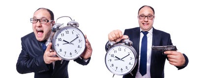 El hombre de negocios con el reloj aislado en blanco fotografía de archivo libre de regalías El hombre de negocios con el reloj aislado en blanco fotografía de archivo libre de regalías