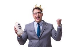 El hombre de negocios del rey que sostiene el bolso del dinero aislado en el fondo blanco fotos de archivo libres de regalías El hombre de negocios del rey que sostiene el bolso del dinero aislado en el fondo blanco fotos de archivo libres de regalías