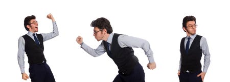 El hombre de negocios joven en concepto divertido en blanco foto de archivo libre de regalías El hombre de negocios joven en concepto divertido en blanco foto de archivo libre de regalías