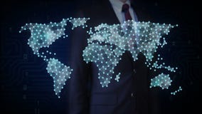 El hombre de negocios que toca el icono social de la gente, hace el mapa del mundo global, Internet de cosas Tecnolog?a financier ilustración del vector El hombre de negocios que toca el icono social de la gente, hace el mapa del mundo global, Internet de cosas Tecnolog?a financier ilustración del vector