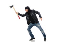 El hombre enojado con el hacha aislada en blanco Imágenes de archivo libres de regalías El hombre enojado con el hacha aislada en blanco Imágenes de archivo libres de regalías