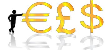 El hombre se inclina en dólar euro de la libra del oro libre illustration El hombre se inclina en dólar euro de la libra del oro libre illustration