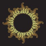 El marco antiguo adornado del estilo de la aguafuerte del oro en una forma del sol irradia el ejemplo dibujado mano del vector libre illustration El marco antiguo adornado del estilo de la aguafuerte del oro en una forma del sol irradia el ejemplo dibujado mano del vector libre illustration