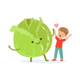 El muchacho feliz que se divierte con la verdura sonriente fresca de la col, comida sana para los caracteres coloridos de los niñ stock de ilustración El muchacho feliz que se divierte con la verdura sonriente fresca de la col, comida sana para los caracteres coloridos de los niñ stock de ilustración