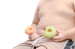 El muchacho gordo obeso está sosteniendo el buñuelo aislado foto de archivo libre de regalías El muchacho gordo obeso está sosteniendo el buñuelo aislado foto de archivo libre de regalías