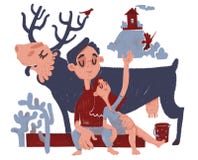 El muchacho y la muchacha con los alces azules tienen los días de fiesta en la naturaleza en el bosque libre illustration El muchacho y la muchacha con los alces azules tienen los días de fiesta en la naturaleza en el bosque libre illustration