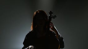 El músico en un cuarto oscuro se sienta en una silla y juega el violoncello Silueta Fondo negro del humo almacen de metraje de vídeo El músico en un cuarto oscuro se sienta en una silla y juega el violoncello Silueta Fondo negro del humo almacen de metraje de vídeo