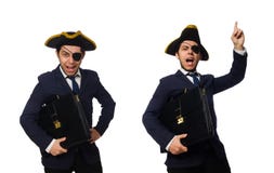 El observ? al pirata con la cartera y la espada aisladas en blanco fotografía de archivo El observ? al pirata con la cartera y la espada aisladas en blanco fotografía de archivo