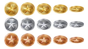 El oro del juego 3D, plata, las monedas de bronce fijó vector con la estrella Flip Different Angles Iconos de la moneda del logro ilustración del vector El oro del juego 3D, plata, las monedas de bronce fijó vector con la estrella Flip Different Angles Iconos de la moneda del logro ilustración del vector