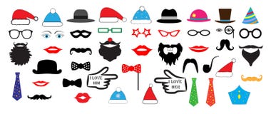 El partido retro de la Navidad fijó - los vidrios, sombreros, labios, bigotes, máscaras stock de ilustración El partido retro de la Navidad fijó - los vidrios, sombreros, labios, bigotes, máscaras stock de ilustración