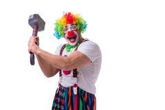 El payaso divertido con un martillo aislado en el fondo blanco imagen de archivo El payaso divertido con un martillo aislado en el fondo blanco imagen de archivo