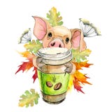 El pequeño cerdo bebe el café sostiene una taza en sus enganches otoño, hojas, arce stock de ilustración El pequeño cerdo bebe el café sostiene una taza en sus enganches otoño, hojas, arce stock de ilustración
