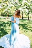 El retrato de la mujer caucásica hermosa en el vestido largo en el jardín floreciente de la primavera, pelo largo y compone, form foto de archivo libre de regalías El retrato de la mujer caucásica hermosa en el vestido largo en el jardín floreciente de la primavera, pelo largo y compone, form foto de archivo libre de regalías