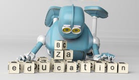 El robot retro juega con los cubos de madera de ABC en floore representación 3d stock de ilustración El robot retro juega con los cubos de madera de ABC en floore representación 3d stock de ilustración