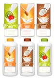 El sistema de tres etiquetas de la fruta en leche salpica y las botellas libre illustration El sistema de tres etiquetas de la fruta en leche salpica y las botellas libre illustration