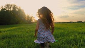 El tiro trasero de la puesta del sol de la muchacha linda del adolescente lleva el vestido que corre en prado verde 120 fps, a cá almacen de video El tiro trasero de la puesta del sol de la muchacha linda del adolescente lleva el vestido que corre en prado verde 120 fps, a cá almacen de video