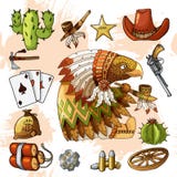 El águila americana del personaje de dibujos animados con el sistema de artículos occidentales clásicos diseña la impresión stock de ilustración El águila americana del personaje de dibujos animados con el sistema de artículos occidentales clásicos diseña la impresión stock de ilustración
