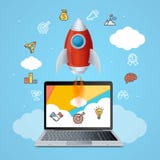 El éxito pone en marcha el vehículo espacial del concepto Rocket y el dispositivo del artilugio Vector ilustración del vector El éxito pone en marcha el vehículo espacial del concepto Rocket y el dispositivo del artilugio Vector ilustración del vector