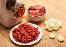 The electric meat grinder, forcemeat, onions and the cut meat Royalty Free Stock Photos The electric meat grinder, forcemeat, onions and the cut meat Royalty Free Stock Photos