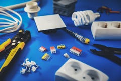 electrical installation - electrician tools and equipment on blue royalty free stock photography electrical installation - electrician tools and equipment on blue royalty free stock photography
