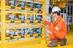 Electrical and instrument site service temperature transmitter on offshore oil and gas wellhead platform. royalty free stock photo Electrical and instrument site service temperature transmitter on offshore oil and gas wellhead platform. royalty free stock photo