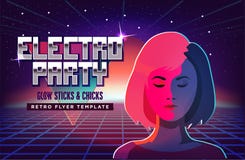 Electro party music poster template. Violet neon fashion girl. 80s Retro Sci-Fi Background with Sunrise or Sunset. Vector futuristic synth retro wave stock illustration Electro party music poster template. Violet neon fashion girl. 80s Retro Sci-Fi Background with Sunrise or Sunset. Vector futuristic synth retro wave stock illustration