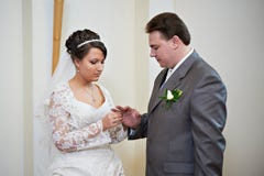 Elegant bride wears a wedding ring a happy groom stock images Elegant bride wears a wedding ring a happy groom stock images