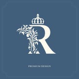 Elegant letter R with a crown. Graceful royal style. Calligraphic beautiful logo. Vintage drawn emblem for book design, brand name