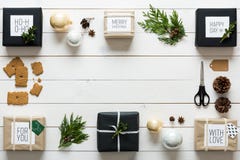 Elegant nordic retro christmas, wrapping station, desk view from above stock image Elegant nordic retro christmas, wrapping station, desk view from above stock image