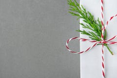 Elegant White Gift Box Tied with Red Ribbon Green Juniper Twig. Christmas New Years Presents Shopping Sale. Gray Background Stock Photos Elegant White Gift Box Tied with Red Ribbon Green Juniper Twig. Christmas New Years Presents Shopping Sale. Gray Background Stock Photos