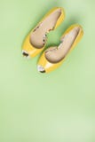 Elegant Yellow Female Leather Shoes on Summer Green Background Flat Lay Top Vew Copy Spac Sales Fashion Concept Vertical