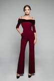 Elegante vrouw in bordo globaal met naakte schouders en hoge hielen stock fotografie Elegante vrouw in bordo globaal met naakte schouders en hoge hielen stock fotografie
