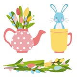 Elementos da Páscoa pelo tempo da mola feito do ramalhete das flores e do potenciômetro do chá cor-de-rosa com tulipas e salgueir ilustração do vetor Elementos da Páscoa pelo tempo da mola feito do ramalhete das flores e do potenciômetro do chá cor-de-rosa com tulipas e salgueir ilustração do vetor