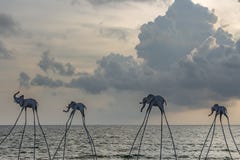Elephant sculptures over the shoreline at Sunset Senato Beach Club stock photos Elephant sculptures over the shoreline at Sunset Senato Beach Club stock photos