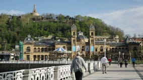Embankment of Bay of La Concha. SAN SEBASTIAN, SPAIN - APRIL 21, 2016: View of embankment of Bay of La Concha in day at San Sebastian. Basque Country, Spain Embankment of Bay of La Concha. SAN SEBASTIAN, SPAIN - APRIL 21, 2016: View of embankment of Bay of La Concha in day at San Sebastian. Basque Country, Spain