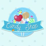 Emblema de la tienda del caramelo Emblema multicolor Gr?ficos de vector stock de ilustración Emblema de la tienda del caramelo Emblema multicolor Gr?ficos de vector stock de ilustración