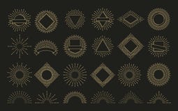 Emblema della parte radiale di scoppio dello sprazzo di sole dell'oro retro forme della scintilla di alba Il sole, lustro rays le illustrazione di stock Emblema della parte radiale di scoppio dello sprazzo di sole dell'oro retro forme della scintilla di alba Il sole, lustro rays le illustrazione di stock
