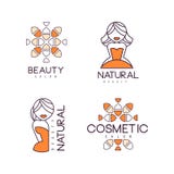 Emblemas geométricos para el salón de belleza o los cosméticos naturales Logotipos del esquema con el terraplén anaranjado Etique stock de ilustración Emblemas geométricos para el salón de belleza o los cosméticos naturales Logotipos del esquema con el terraplén anaranjado Etique stock de ilustración