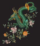 Embroidery Oriental Floral Pattern With Green Dragon And Gold Ro Royalty Free Stock Photography Embroidery Oriental Floral Pattern With Green Dragon And Gold Ro Royalty Free Stock Photography
