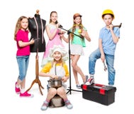 Empleo de la profesión y del trabajo, grupo de los niños en los trajes profesionales, niños en blanco fotografía de archivo Empleo de la profesión y del trabajo, grupo de los niños en los trajes profesionales, niños en blanco fotografía de archivo