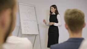 Empresaria confiada adorable que presenta nuevo proyecto a los socios con la carta de tirón Líder de equipo que da la presentació metrajes Empresaria confiada adorable que presenta nuevo proyecto a los socios con la carta de tirón Líder de equipo que da la presentació metrajes