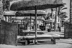 Empty beach deck chairs and umbrellas on a hot summer day stock photography Empty beach deck chairs and umbrellas on a hot summer day stock photography