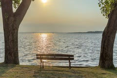 Empty bench on the lake shore between two trees royalty free stock photo Empty bench on the lake shore between two trees royalty free stock photo