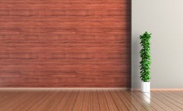 Empty interior room, wood wall and floor, plant, 3d rendering stock illustration Empty interior room, wood wall and floor, plant, 3d rendering stock illustration