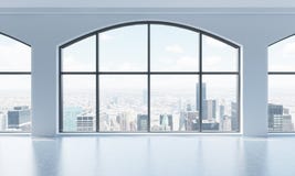 An empty modern bright and clean loft interior. Huge panoramic windows with New York city view. A concept of luxury open space for stock illustration An empty modern bright and clean loft interior. Huge panoramic windows with New York city view. A concept of luxury open space for stock illustration