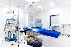 Empty operating room, life care support, operating table, lamps and medical equipment