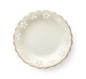 Empty Plate With Golden Pattern Edge, White Round Plate Features A Beautiful Gold Rim With Floral Pattern, View From Above Stock Photo Empty Plate With Golden Pattern Edge, White Round Plate Features A Beautiful Gold Rim With Floral Pattern, View From Above Stock Photo