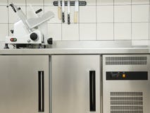 Empty restaurant kitchen with professional equipment a cutting m Royalty Free Stock Photo Empty restaurant kitchen with professional equipment a cutting m Royalty Free Stock Photo