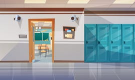 Empty School Corridor With Lockers Hall Open Door To Class Room