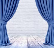 Empty stage with white brick wall and blue curtains with focus on white wood plank floor stock illustration Empty stage with white brick wall and blue curtains with focus on white wood plank floor stock illustration